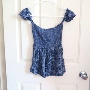 American Rag Blue Ditsy Floral Off The Shoulder Blouse Ruffle Sleeve Size Medium